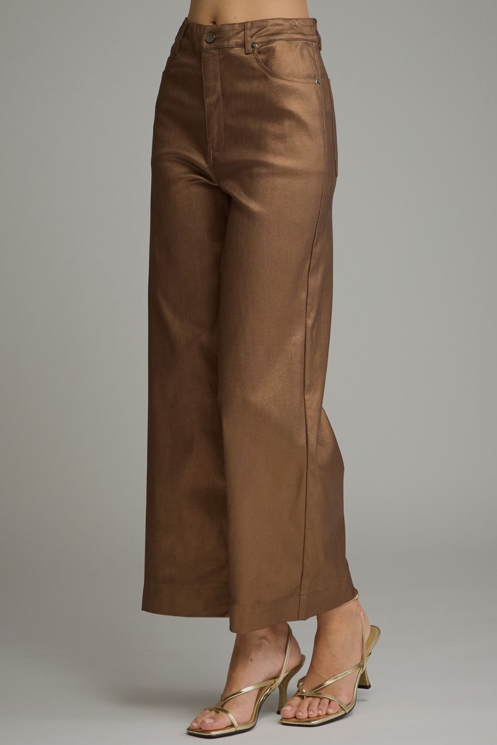 Solid metallic wide leg pants with belt loops and zip-fly button front closure