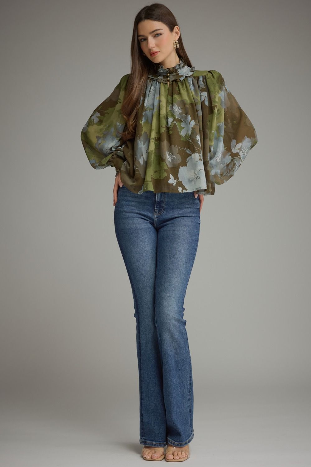 Printed long puff sleeve top
