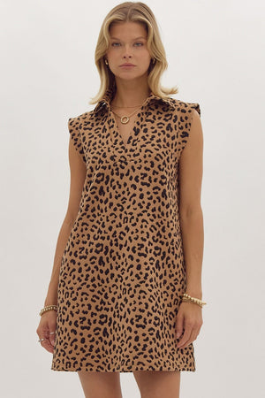 Leopard print v-neck sleeveless collared mini dress