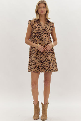 Leopard print v-neck sleeveless collared mini dress