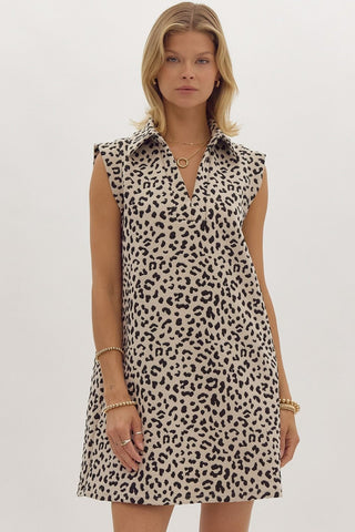 Leopard print v-neck sleeveless collared mini dress