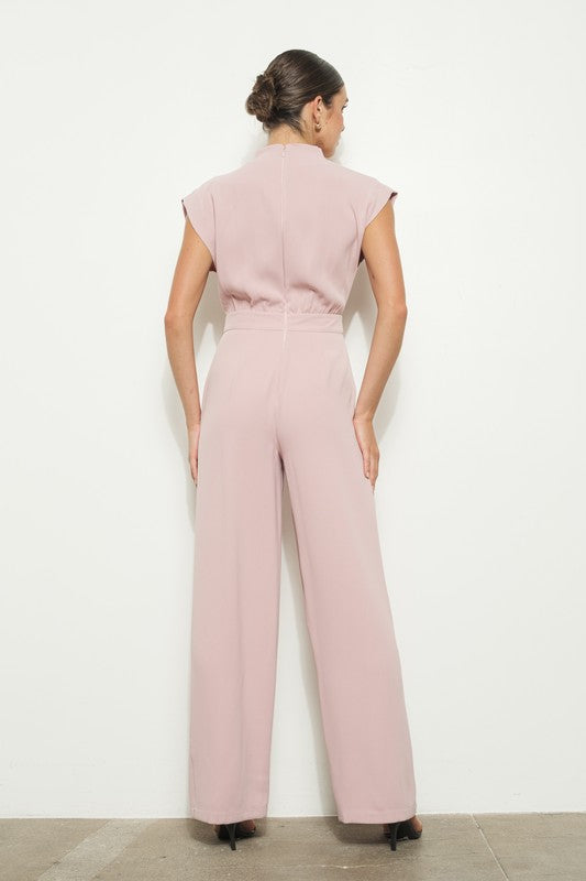 High Collar Knotted Detail Short Sleeves Jumpsuit