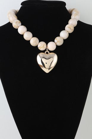 Marbled Resin Bead Necklace With Gold Heart Pendant