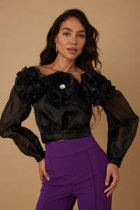 FLOWER TRIO WOVEN SHEER OFF SHOULDER