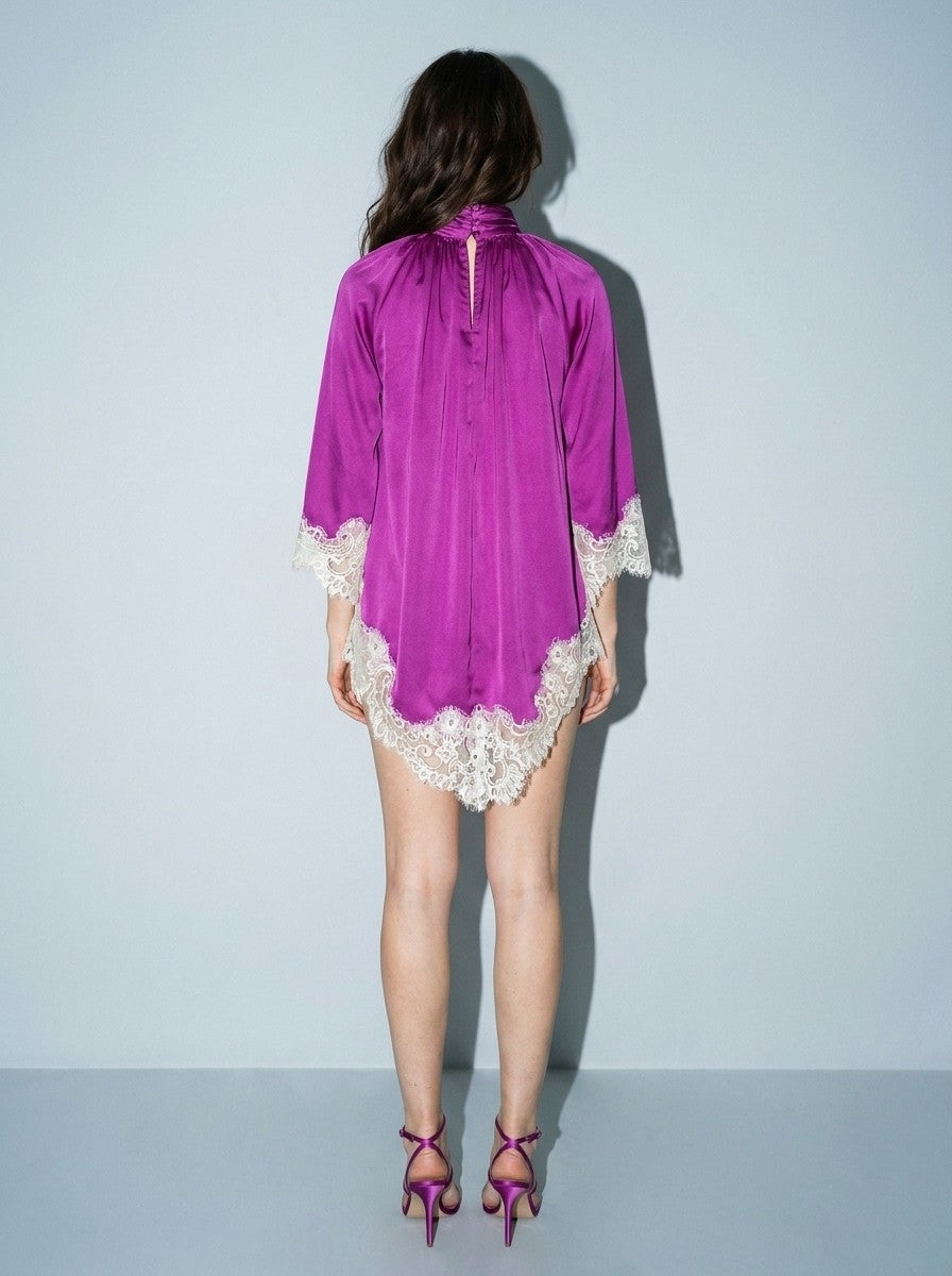 Satin Lace-trimmed Trapeze Mini Dress