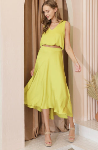 Sophisticated beauty is Washed Poly Silk Midi Swing Skirt