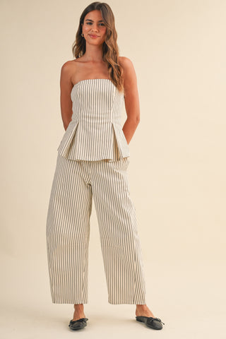 Striped Strapless Peplum And Barrel Pants Set