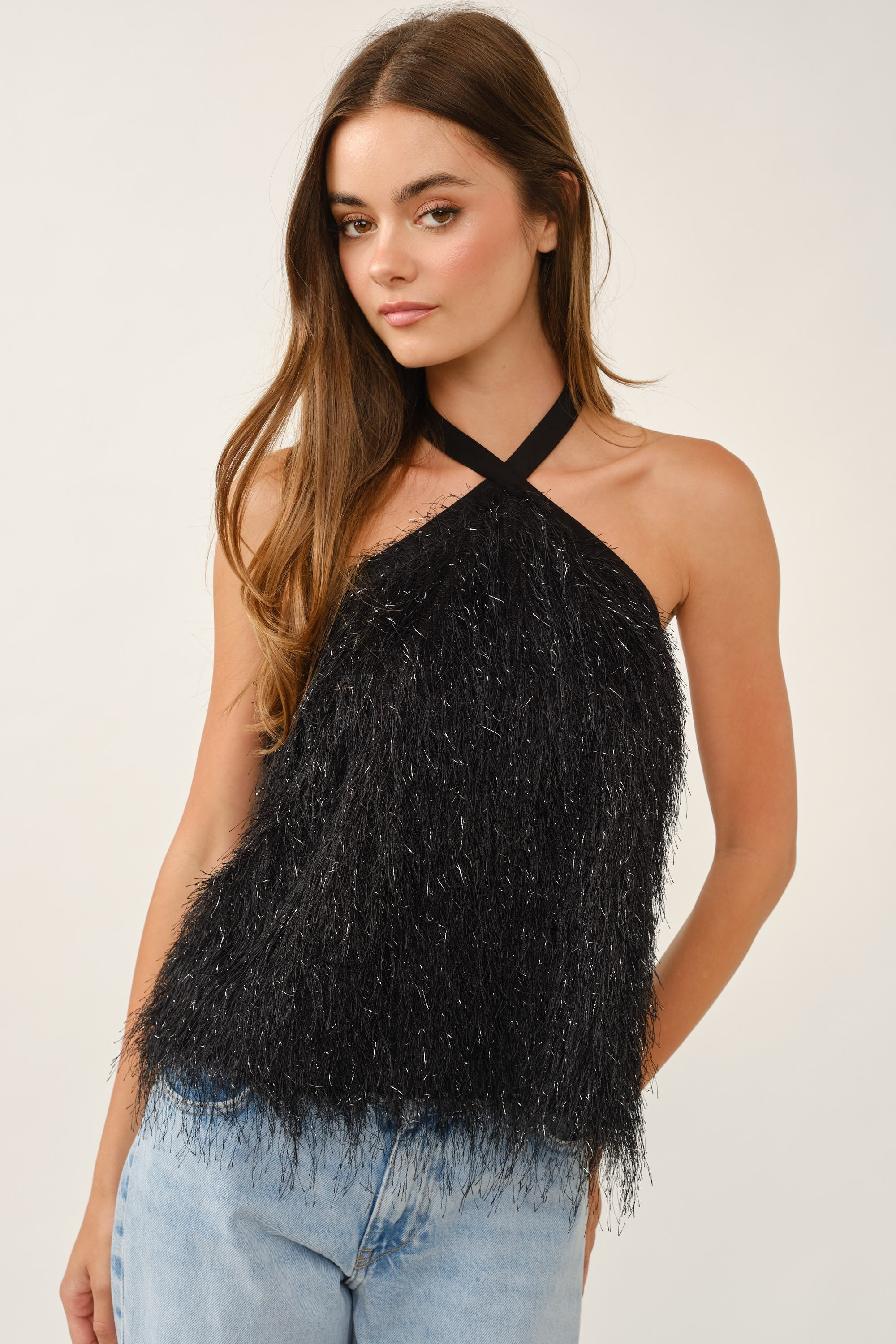 Crisscross Halter Neck Feather Fringe Top