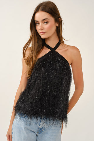 Crisscross Halter Neck Feather Fringe Top