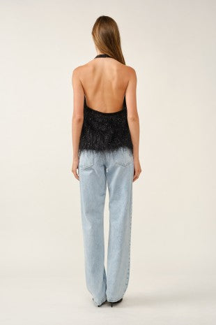 Crisscross Halter Neck Feather Fringe Top