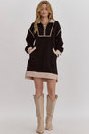 Solid ribbed zip up long sleeve collared dress