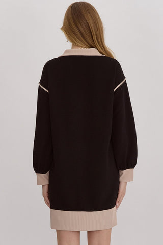 Solid ribbed zip up long sleeve collared dress