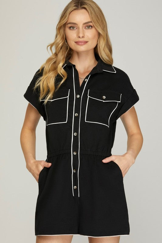 SHORT SLEEVE CONTRAST PIPING BUTTON DOWN WOVEN ROMPER