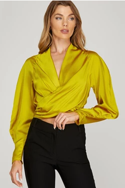 LONG SLEEVE SATIN SURPLICE TOP