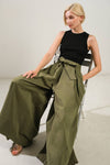 Self sash tie waist pleated wide leg pants