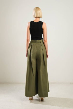 Self sash tie waist pleated wide leg pants