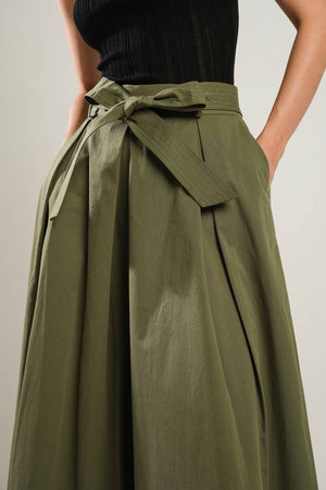 Self sash tie waist pleated wide leg pants