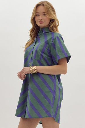 Stripe print button down short sleeve collared mini dress