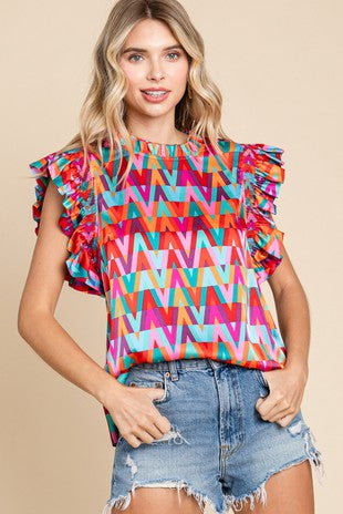 Geometric Print Frilled Top