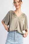 PLEATED NOTCH NECK SHORT SLEEVE TOP