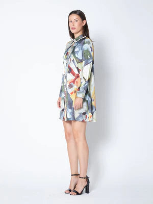 Long Sleeve Pearl Button-Down Print Shirt Dress