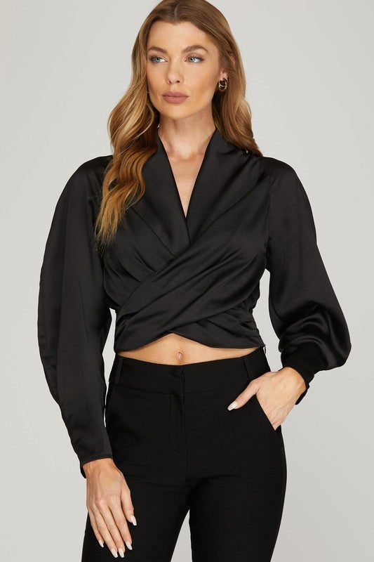 LONG SLEEVE SATIN SURPLICE TOP