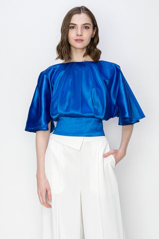 Satin Flutter Kimino Sleeve Waist Band Smocked Top