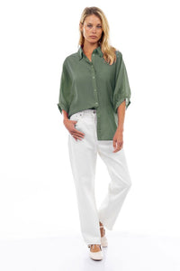 Button Down Blouse With Ruched Keyhole Detail