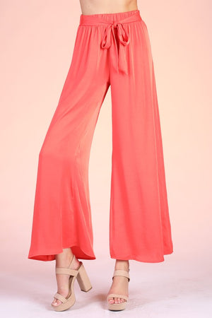 Washed Poly Silk Tie Waist Wide Leg Pants