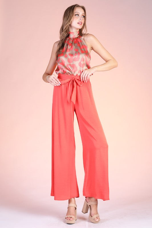 Washed Poly Silk Tie Waist Wide Leg Pants