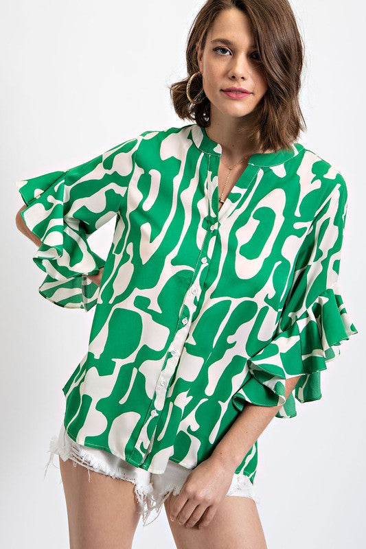 Geometric Print Ruffled Bell Sleeve Woven Top