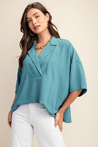 Pull On V-Neck Collared Top