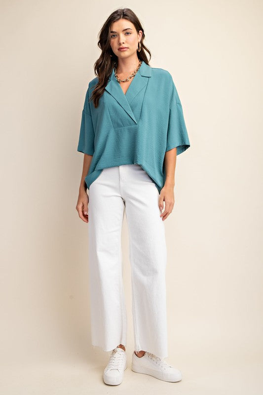 Pull On V-Neck Collared Top