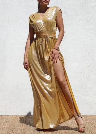 METALLIC V NECK MAXI DRESS