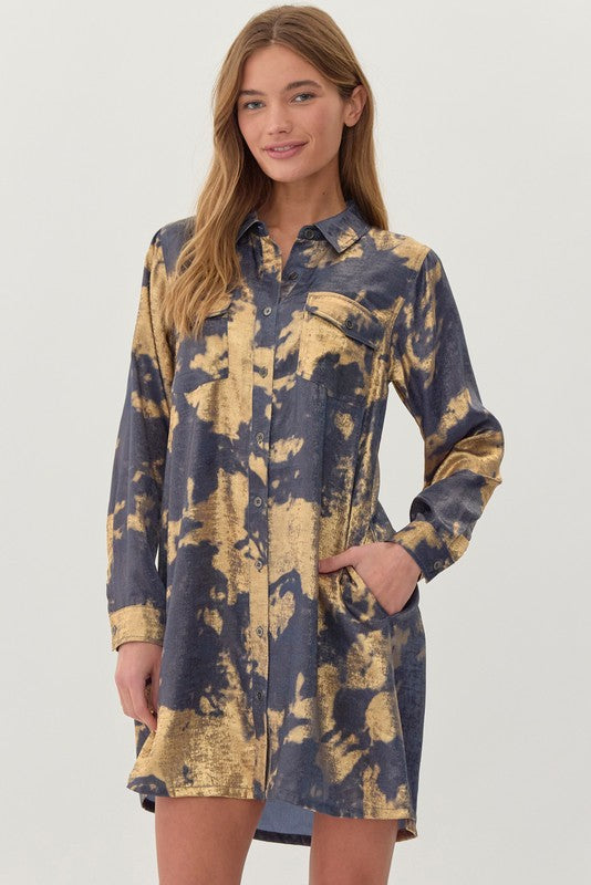 Metallic Tie-Dye Print Button-up Dress