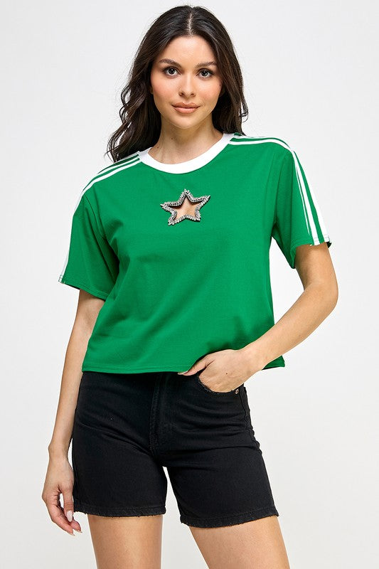 STAR RHINESTONE DETAIL R NECK T SHIRT