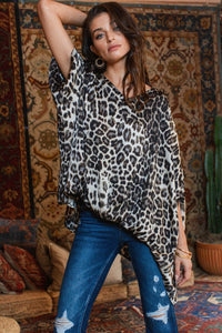 Leopard Printed Satin Poncho Blouse