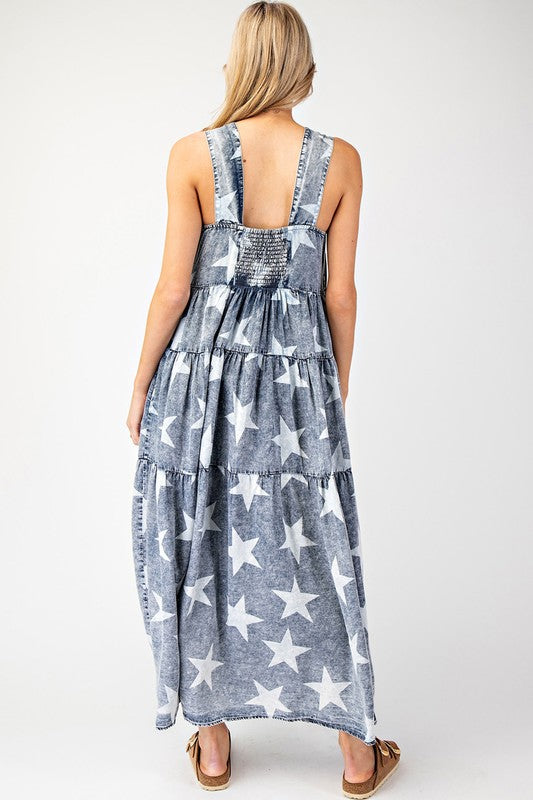 MINERAL WASHED STAR PRINTED MAXI DRESS