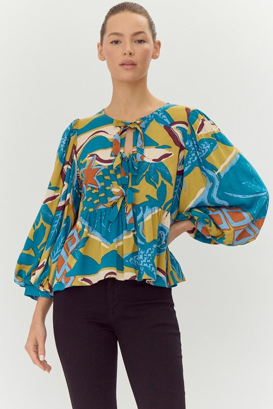 Print Bow Ties Peplum 3/4 Sleeves Top