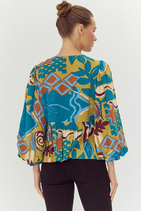 Print Bow Ties Peplum 3/4 Sleeves Top