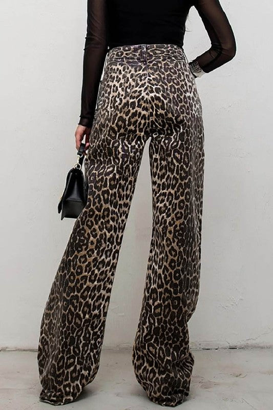 High Waist Leopard Print Wide Leg Pants