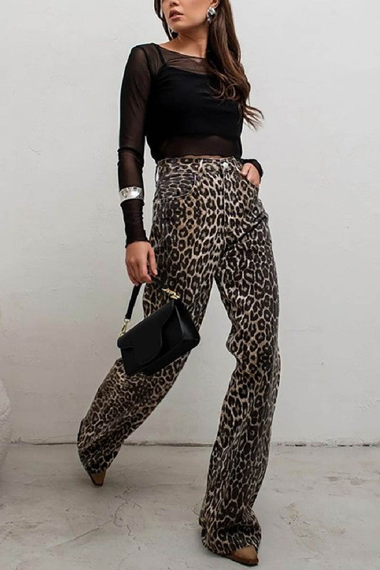 High Waist Leopard Print Wide Leg Pants