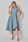 Women Woven Solid Denim Sleeveless Midi Dress with Self Belt