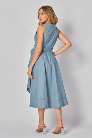 Women Woven Solid Denim Sleeveless Midi Dress with Self Belt