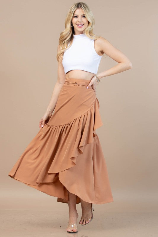 Solid Woven Fabric Hi Waist Wrap Midi Skirt