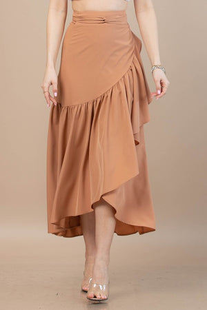 Solid Woven Fabric Hi Waist Wrap Midi Skirt