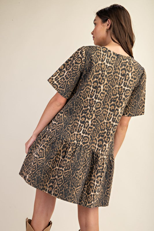 leopard print denim mini dress LE LIS Women's Kendrix Animal Print Denim Mini Dress in Denim Leopard