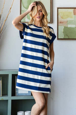 Bold Stripe Texture Knit Pullover Short Dress