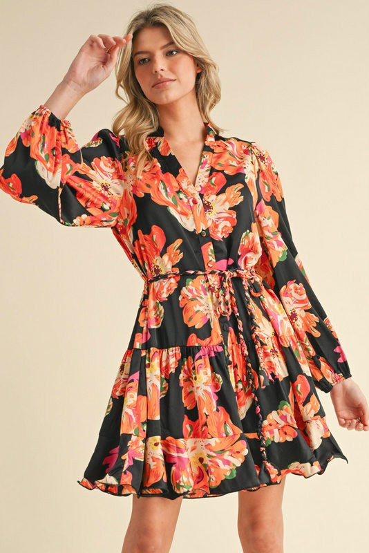 Floral Print Ribbon-tie Satin Dress