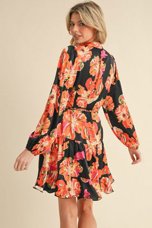 Floral Print Ribbon-tie Satin Dress